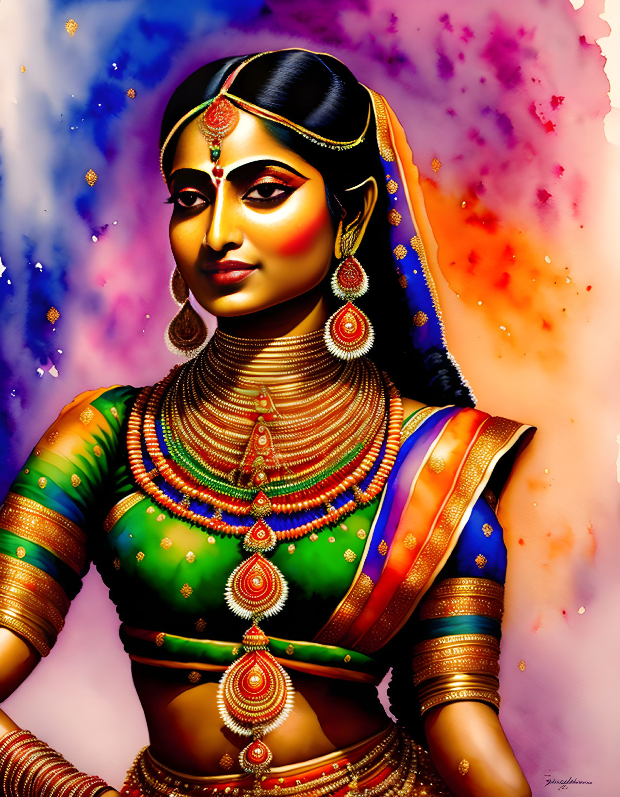 Colorful digital painting of woman in traditional Indian attire