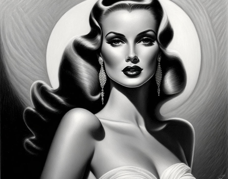 Monochrome artistic illustration of glamorous woman with wavy hair and elegant earrings