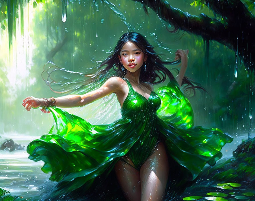 Mystical woman in flowing green dress dances in enchanted forest