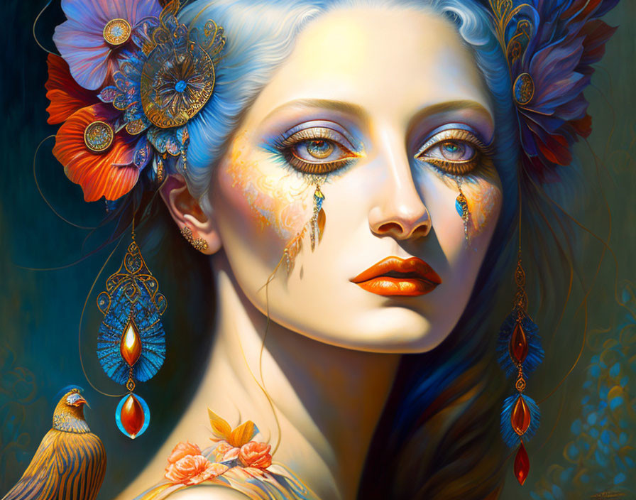 Vibrant illustration of woman with blue hair and golden tears, adorned with flowers and jewelry