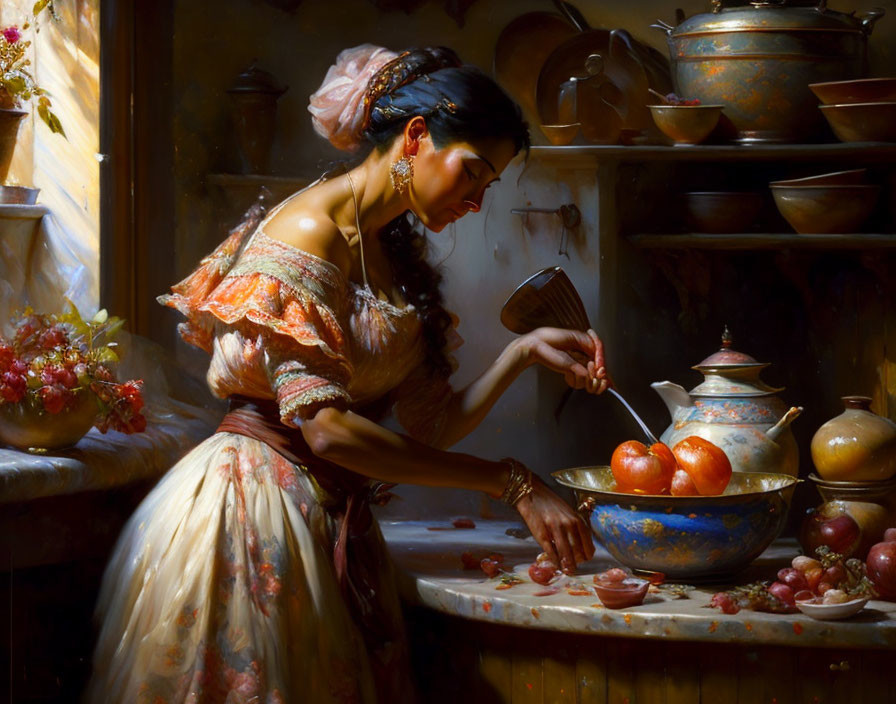 Woman in traditional attire cooking in rustic kitchen with copper pots under sunlight