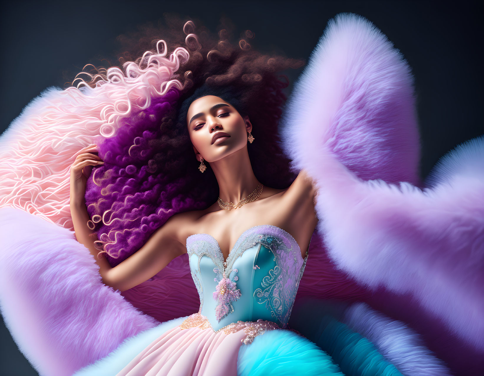 Woman with Voluminous Curly Hair in Pastel Corset Gown Surrounded by Pink Fe