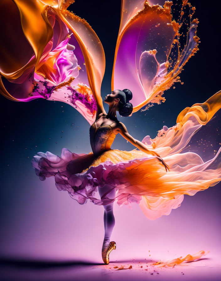 Colorful ballet dancer mid-twirl with flowing skirt on purple backdrop