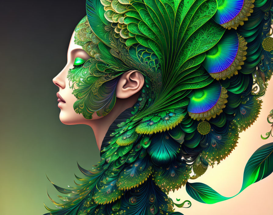 Woman with Peacock Feather Body Art and Headdress on Gradient Background