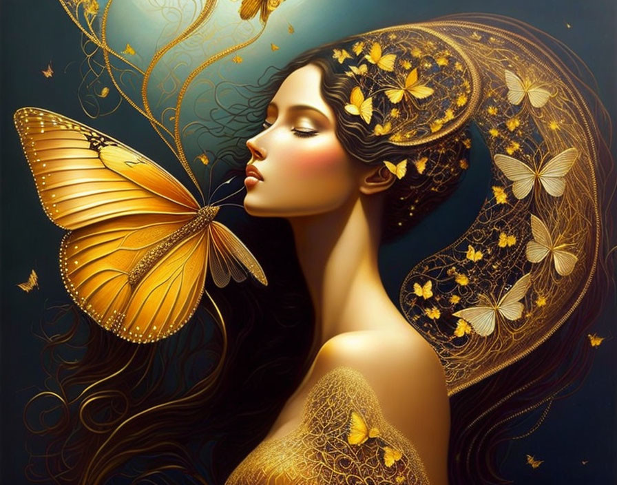 Illustrated woman with golden butterfly hair and shoulder against mystical background