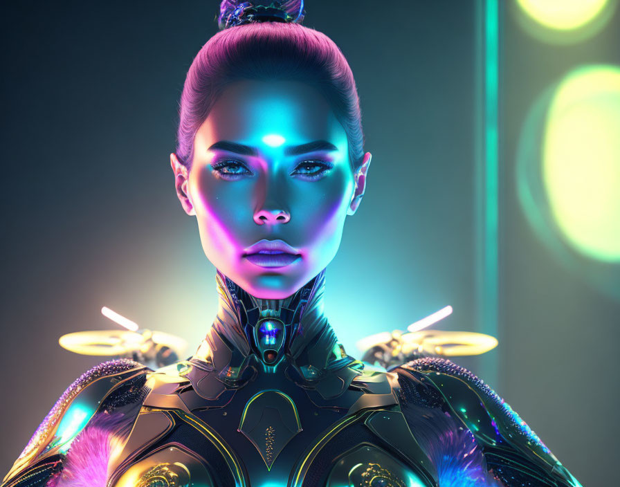 Female Android with Blue Luminous Patterns and Neon Lights