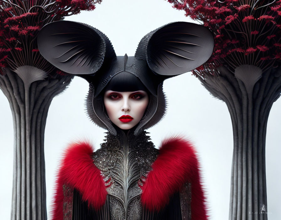 Elaborate dark costume with mouse ears and feathers against stylized trees