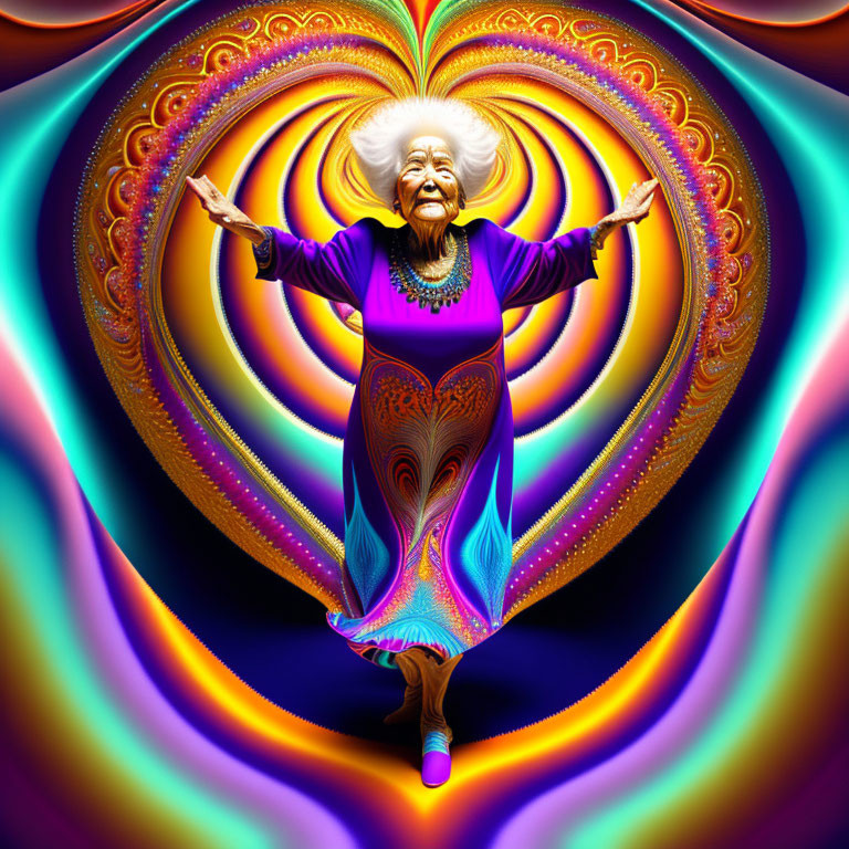 Elderly woman in purple dress on colorful fractal backdrop