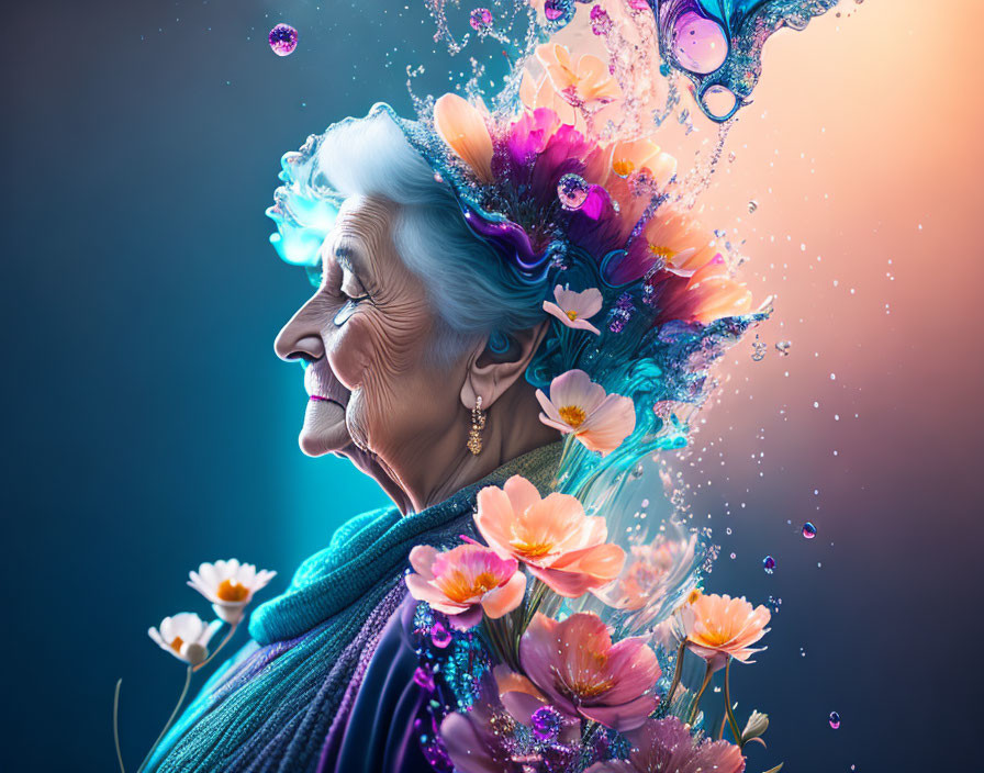 Colorful floral water splash profile of elderly lady