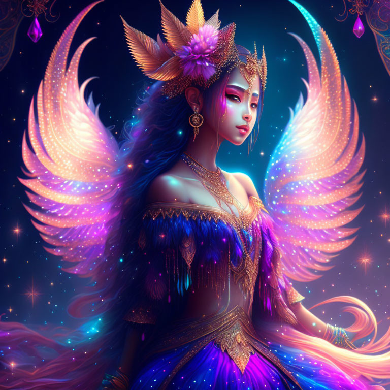 Fantasy illustration of female figure with radiant wings and golden-purple attire