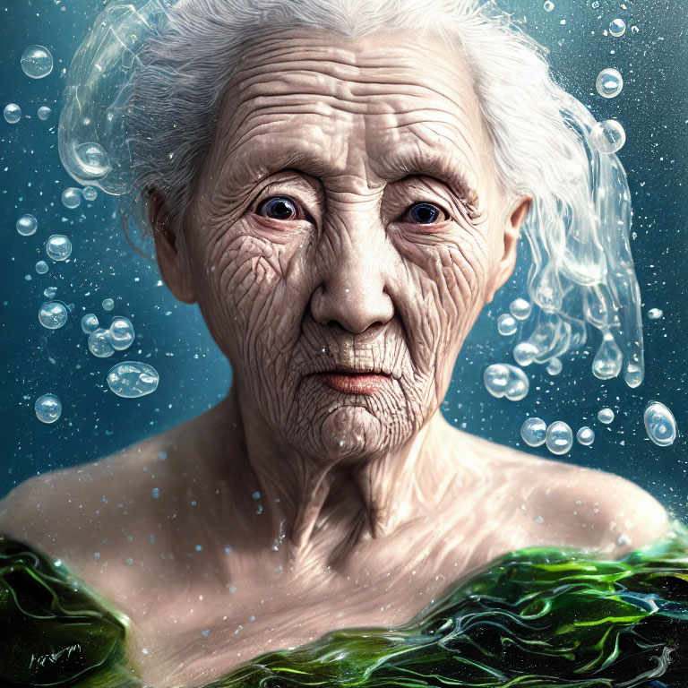 Elderly woman with white hair submerged in water with bubbles