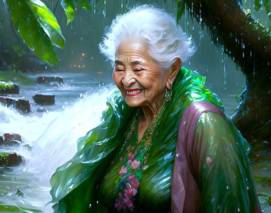 Elderly woman in green sari smiling in rain-drenched forest