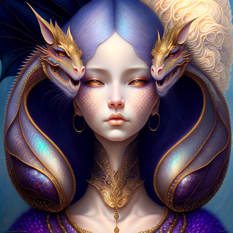 Fantastical portrait: Person with lilac hair, two dragon companions, ornate gold jewelry,