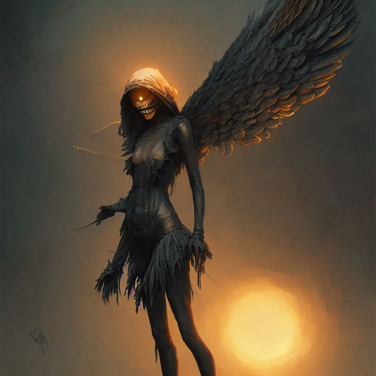 Mystical figure with large wings, ragged cloak, and glowing eyes against hazy backdrop