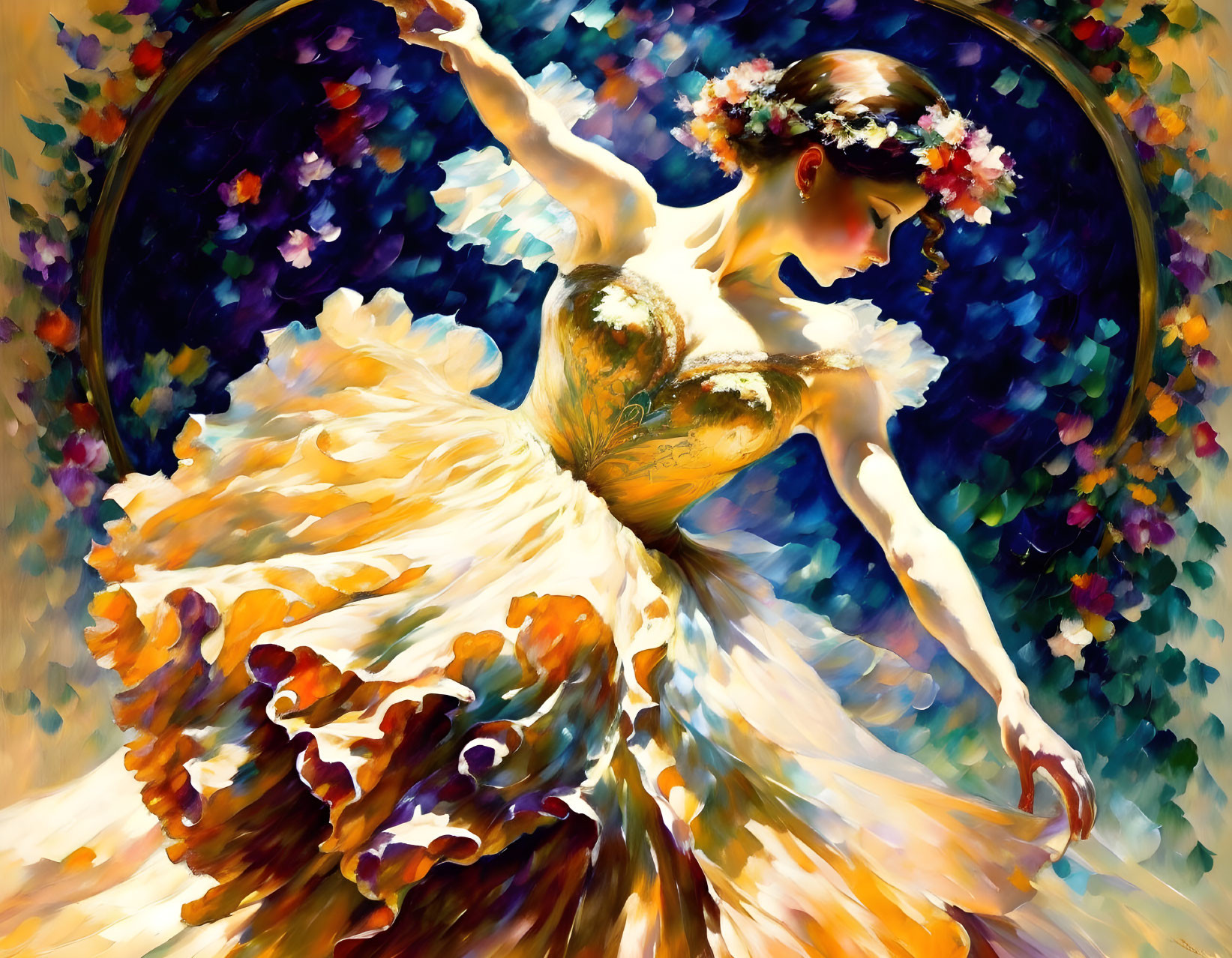 Colorful painting of dancer mid-twirl in flowing dress with floral headpiece.