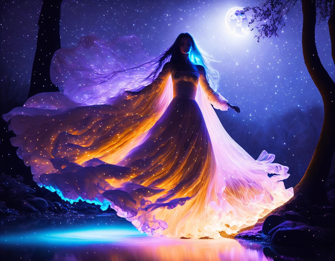 Mysterious woman in luminous gown under starry night sky