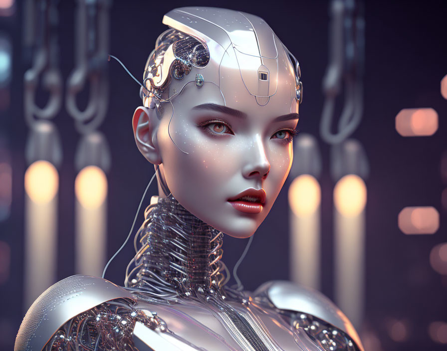 Detailed 3D illustration of female android with cybernetic head and hanging cables