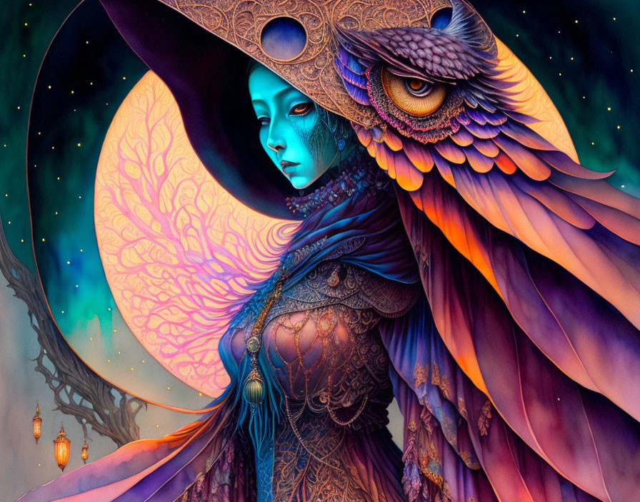 Colorful Illustration: Blue-Skinned Woman with Owl in Mystical Setting