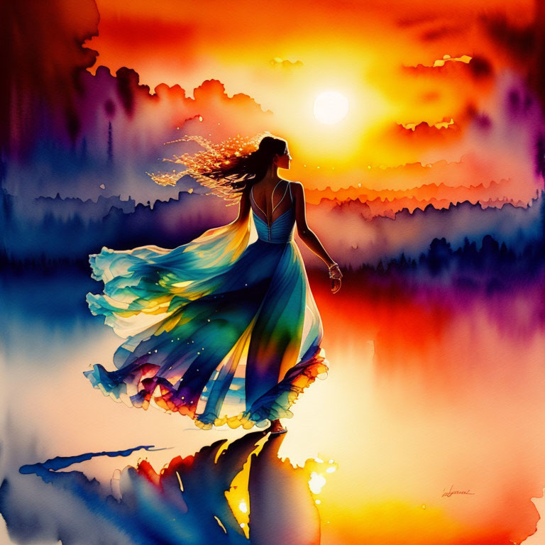 Illustration of woman in flowing dress by lake at sunset