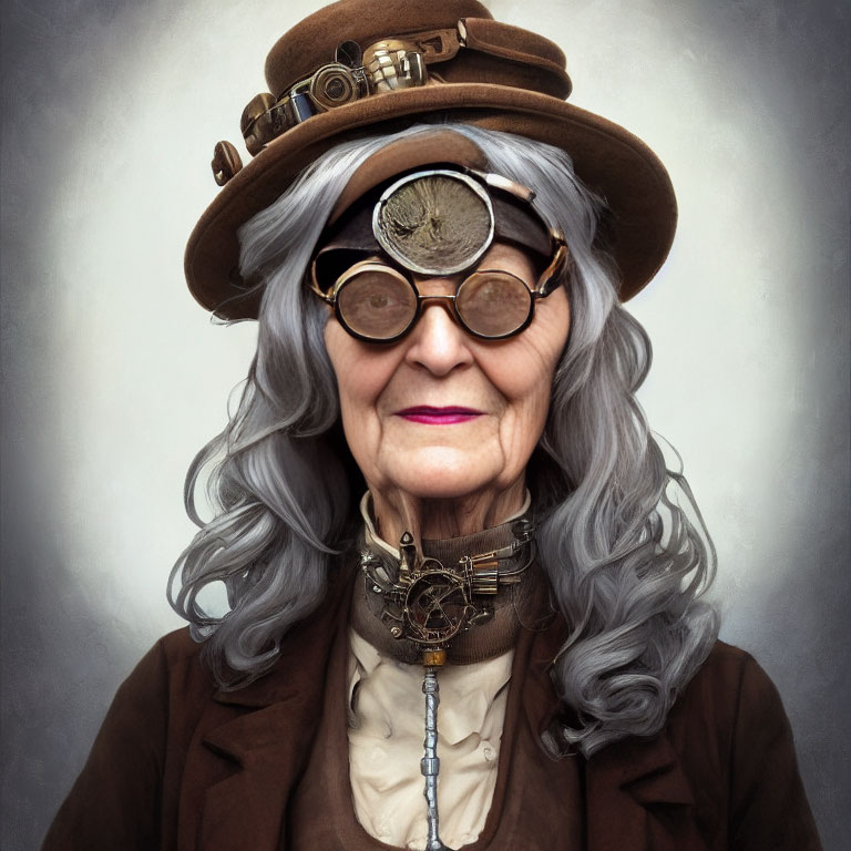 Elderly woman in steampunk attire with goggles, top hat, and mechanical necklace