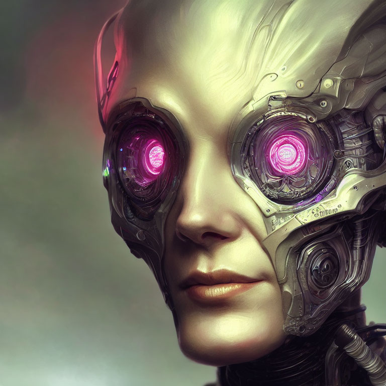 Detailed Digital Art: Humanoid Robot with Realistic Female Face, Metallic Head, Purple Glowing Eyes