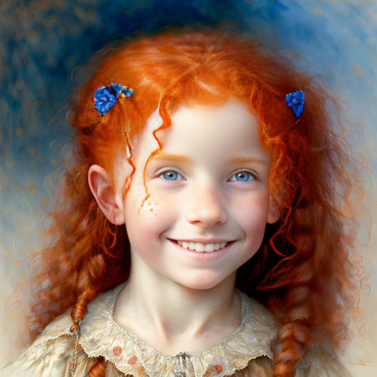 Smiling girl with red curly hair, blue flowers, freckles, vintage cream dress