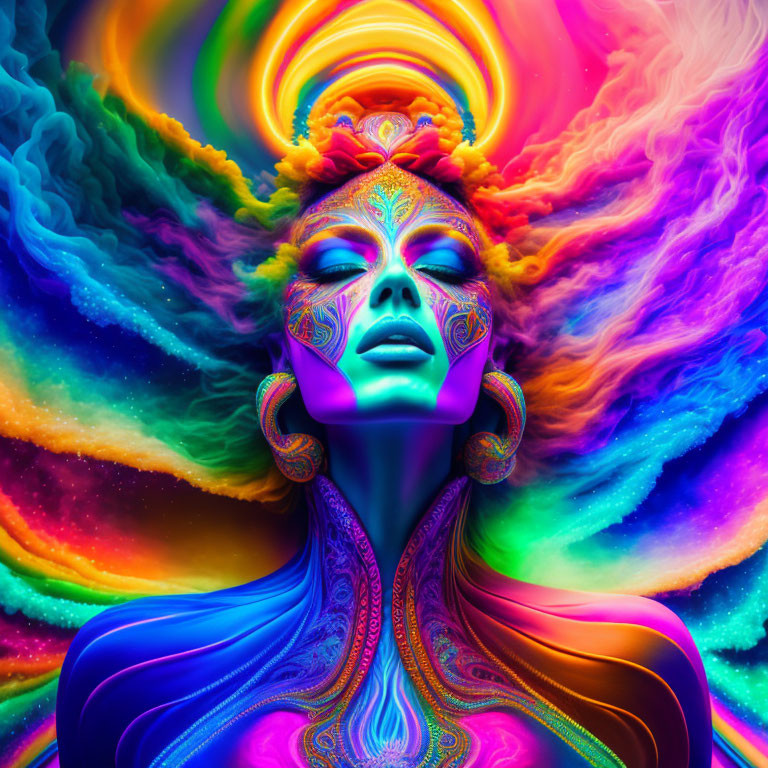 Colorful Psychedelic Woman Artwork with Rainbow Background