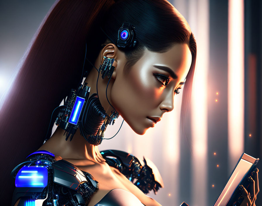 Futuristic female android with cybernetic enhancements and advanced technology.