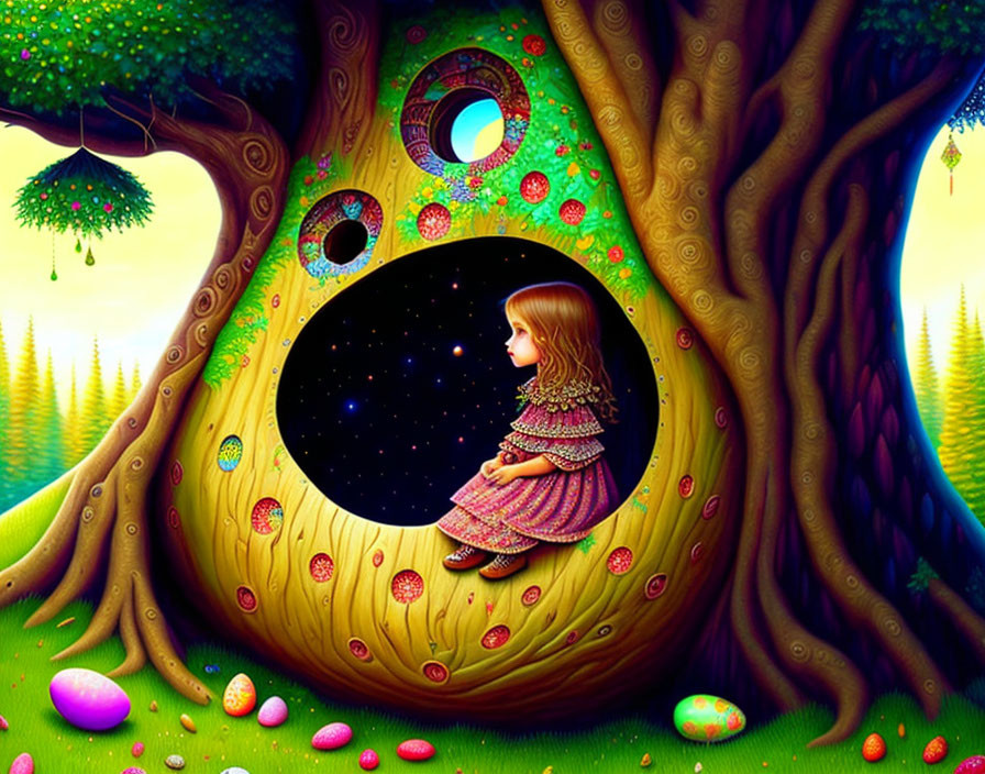 Young girl in whimsical tree with cosmic interior and colorful Easter egg landscape