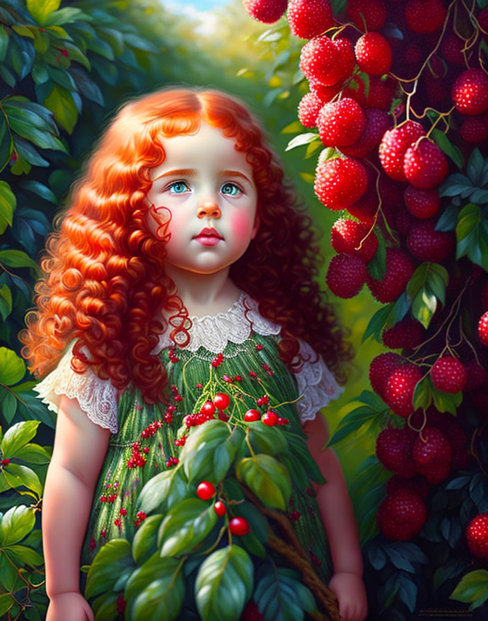 Digital painting: Young girl with red curly hair and blue eyes in greenery with red berries