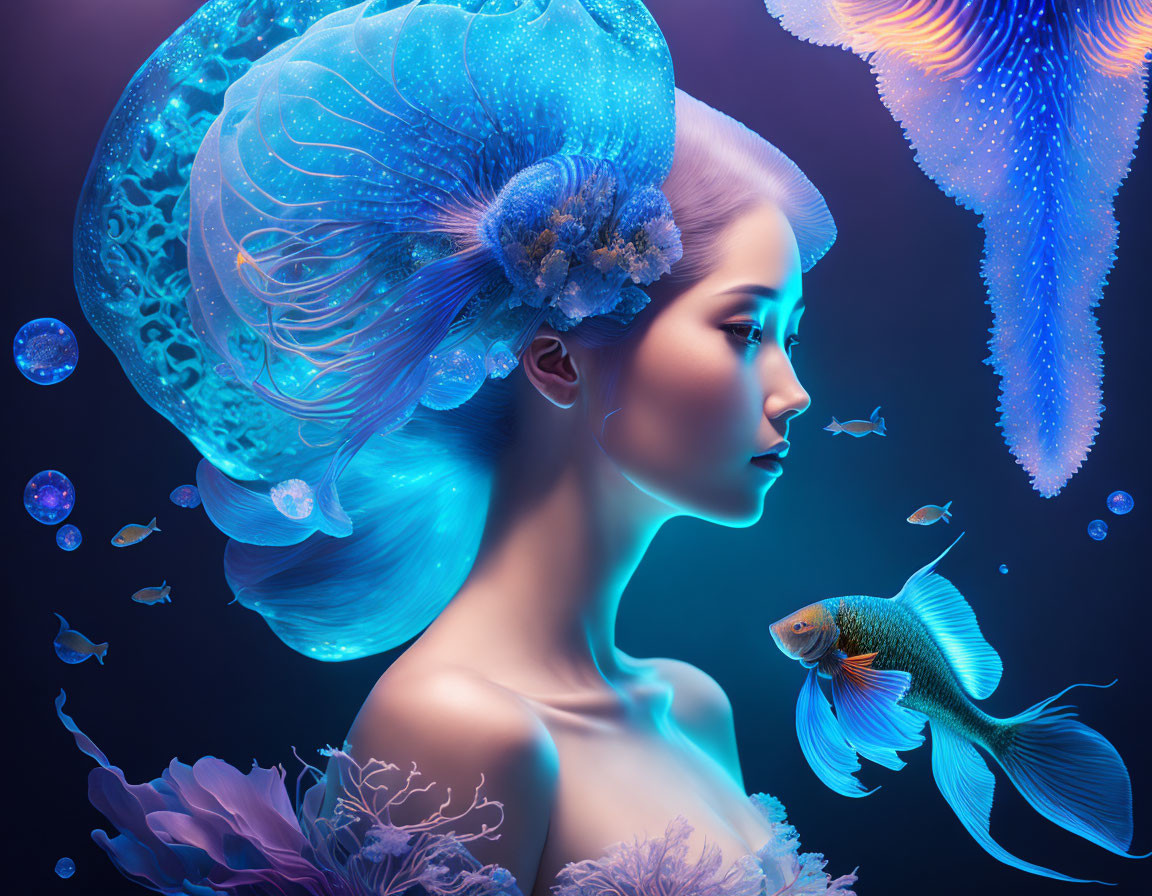 Marine-themed digital art portrait of a woman with jellyfish hat, coral accessory, and vibrant fish