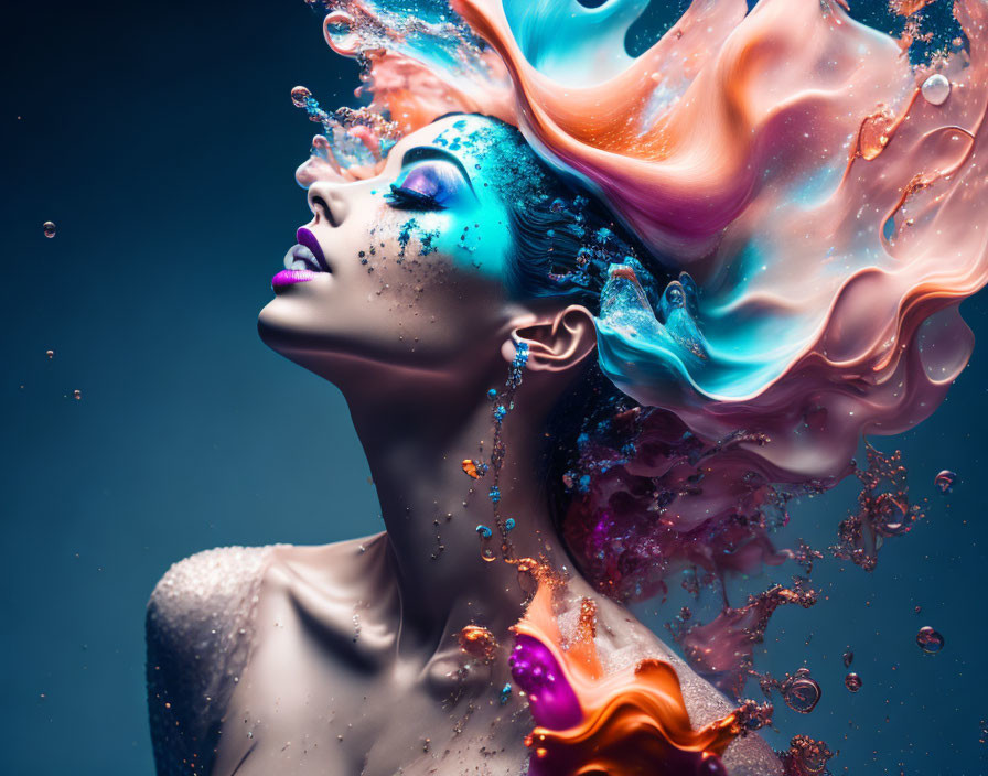 Vibrant woman with swirling liquid hair and artistic makeup