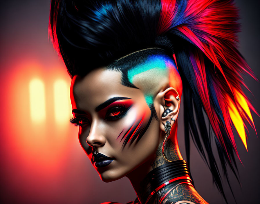 Colorful digital artwork of a person with vibrant punk hairstyle, face paint, and tattoos