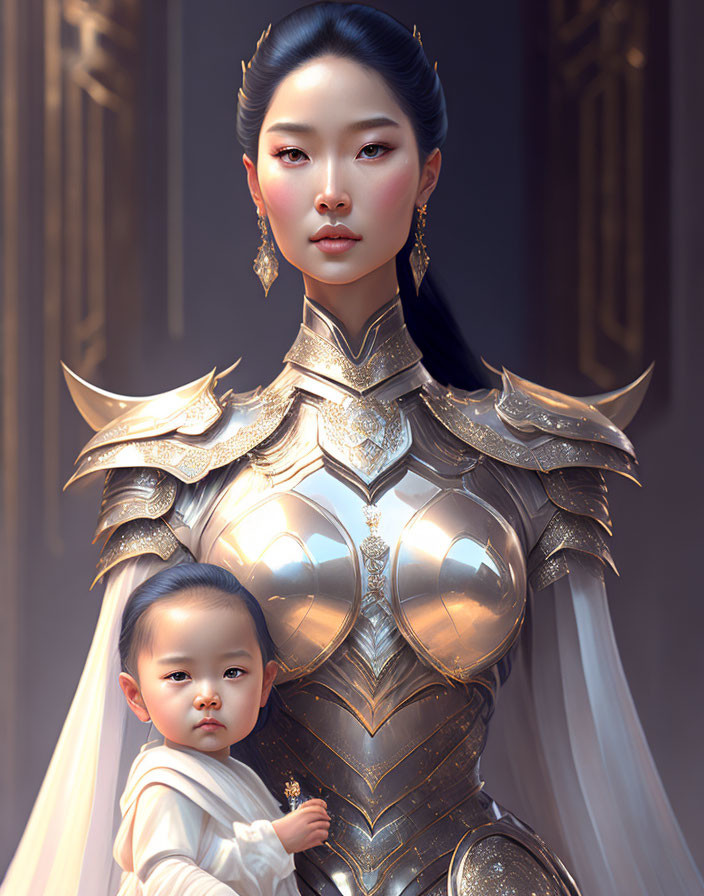 Regal woman and child in golden armor against architectural backdrop