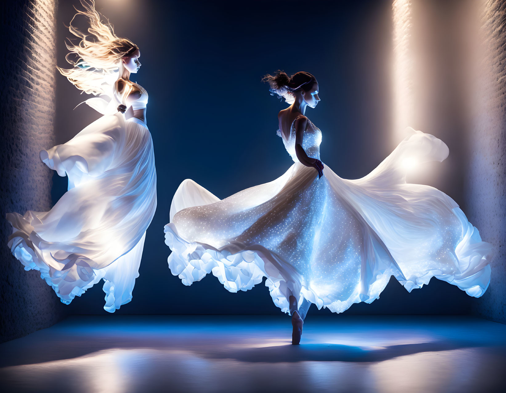 Two women in elegant white dresses dancing in a blue-lit room