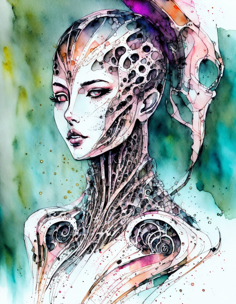 Female Cyborg Watercolor Illustration with Intricate Mechanical Details