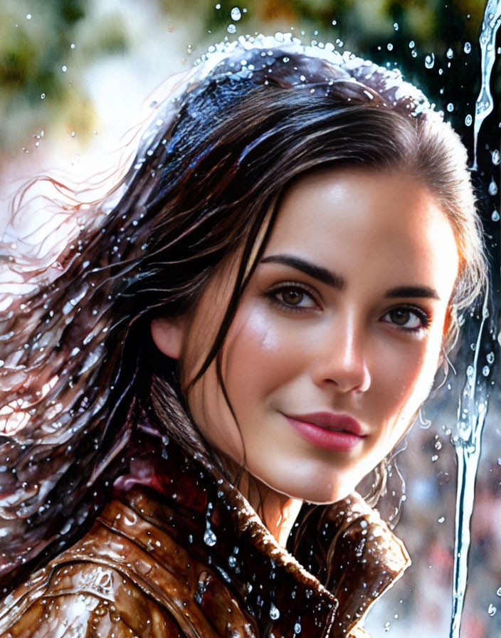 Woman with wet hair and leather jacket gazes through rain-splattered window