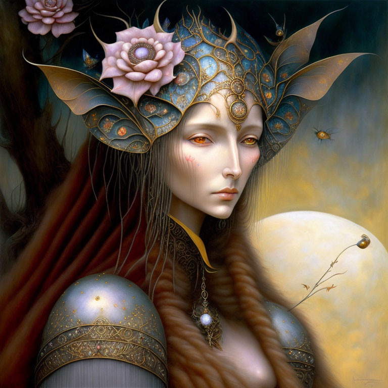 Fantasy illustration: Female figure in ornate armor with decorative helmet and braided hair in mystical golden