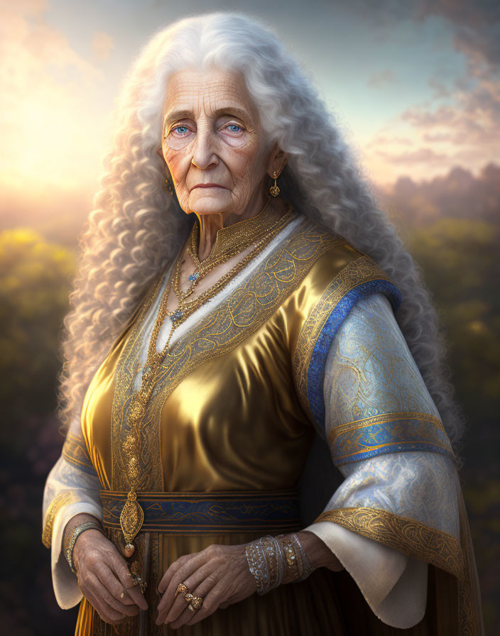 Elderly woman in regal attire with long white hair