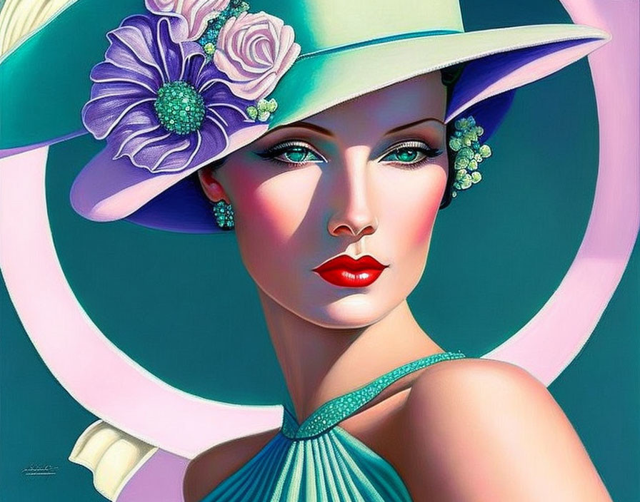 Woman with Striking Makeup and Elegant Hat on Geometric Background