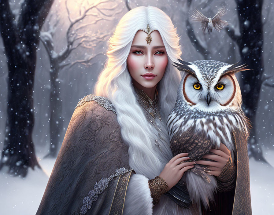 White-haired woman and snowy owl with captivating eyes in wintry forest scene