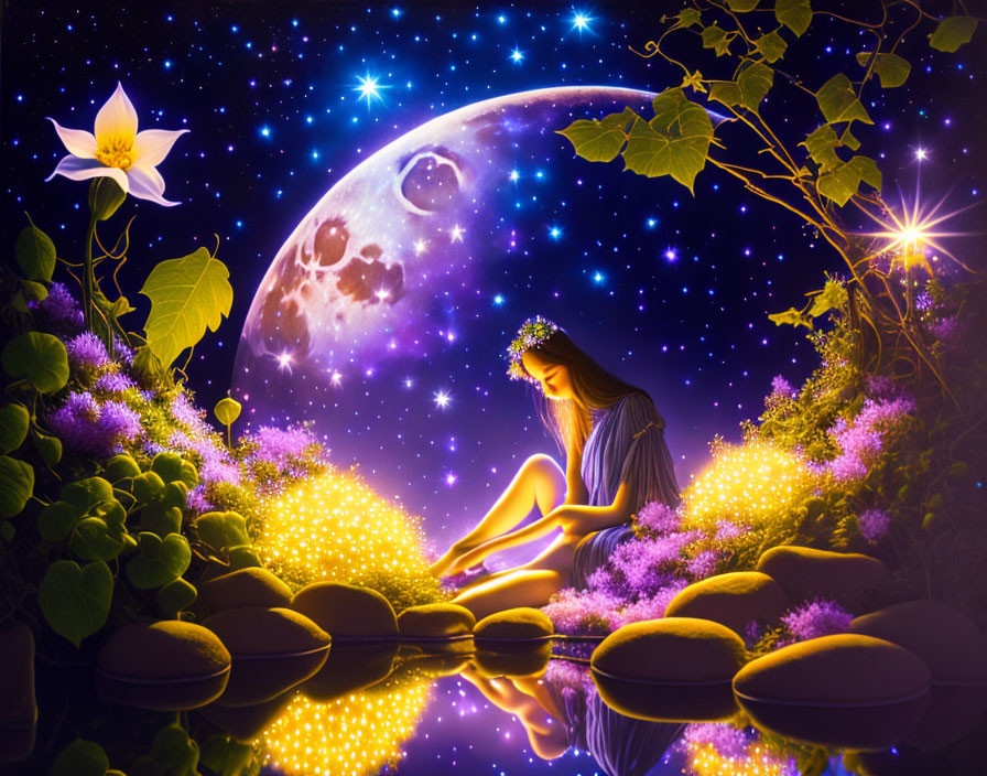 Fantasy illustration of woman by glowing pond under starry sky