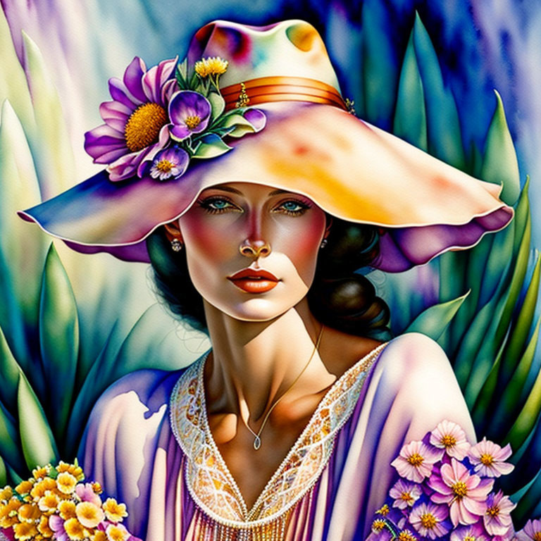 Vibrant botanical illustration of woman in floral hat and necklace