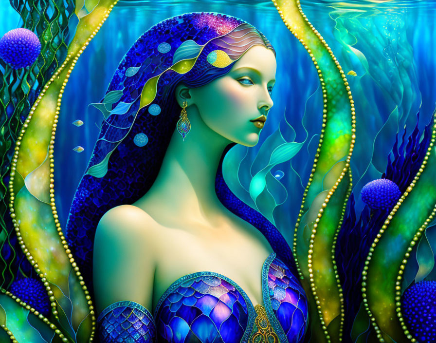 Vibrant underwater scene with mermaid-like figure and glowing tendrils