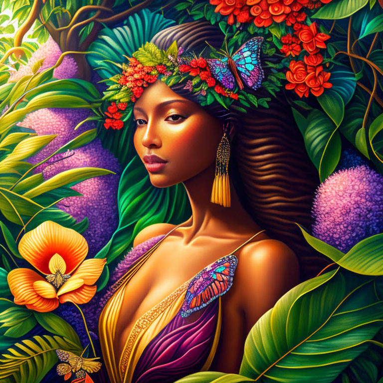 Illustration of Woman with Floral and Butterfly Motifs in Vibrant Tropical Setting