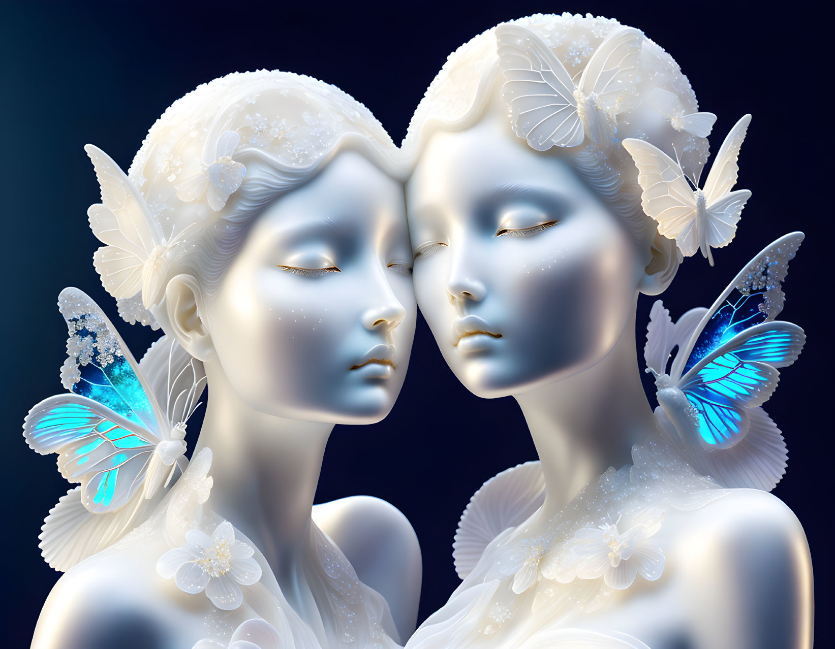 Porcelain-like figures adorned with butterflies and flowers on dark background