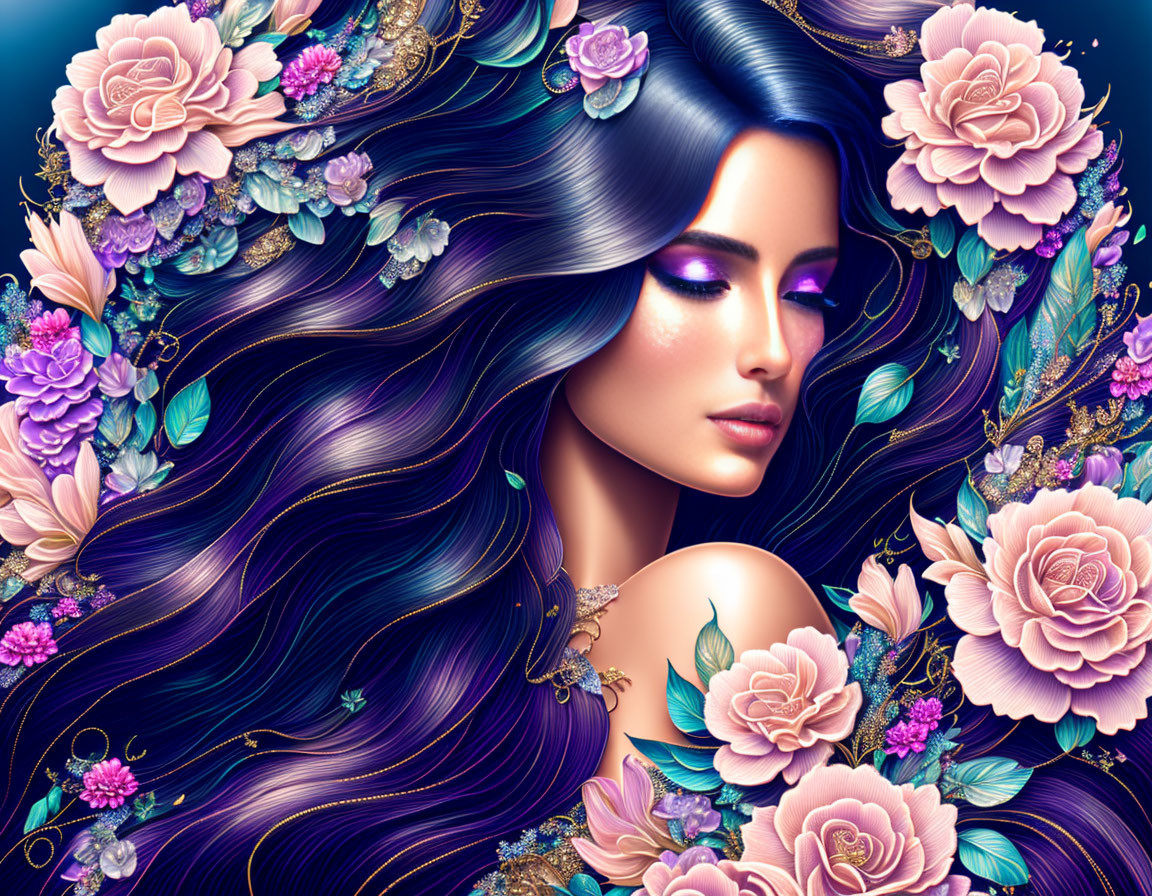 Illustration of woman with long hair and pink flowers, exuding fantasy and beauty