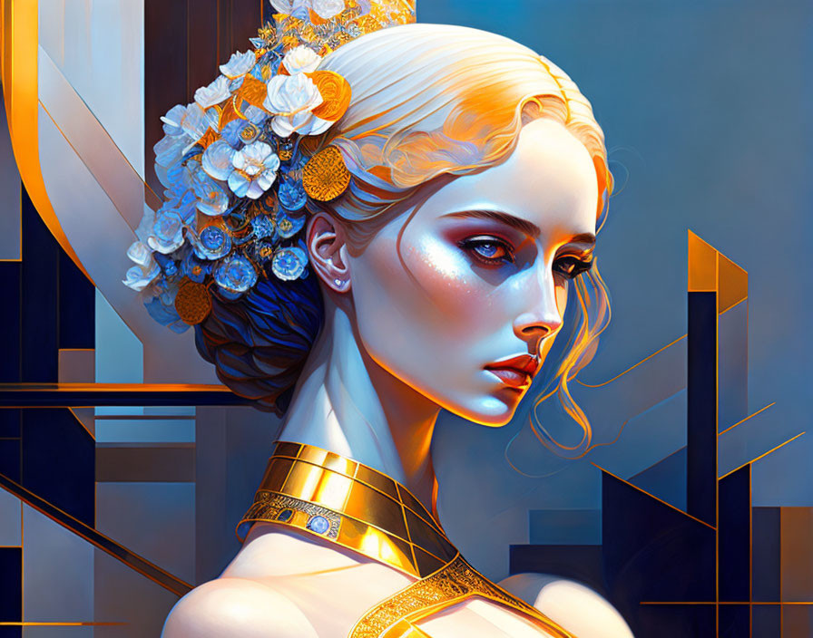 Stylized woman with white hair and flowers, gold accessories, geometric backdrop