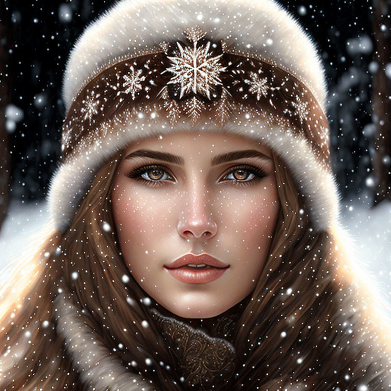 Woman with Striking Eyes in Winter Scene with Falling Snowflakes