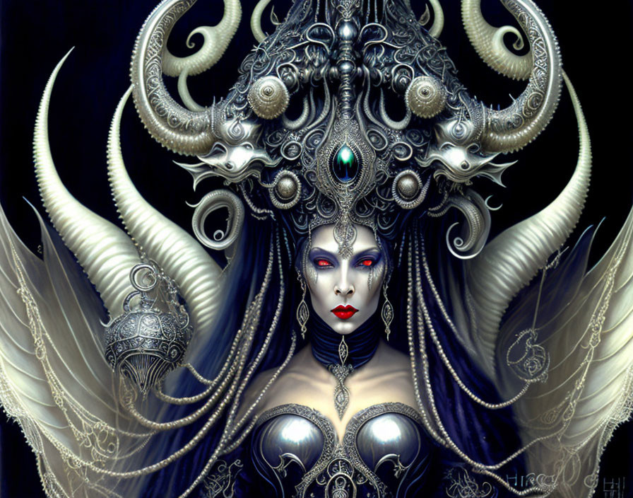 Fantasy artwork: Female figure with dark hair, ornate horned headdress.